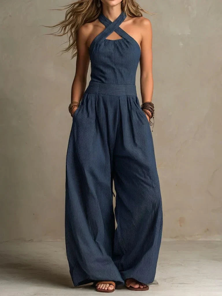 Women's Cotton-Linen Jumpsuit with Crossed Collar - Casual &