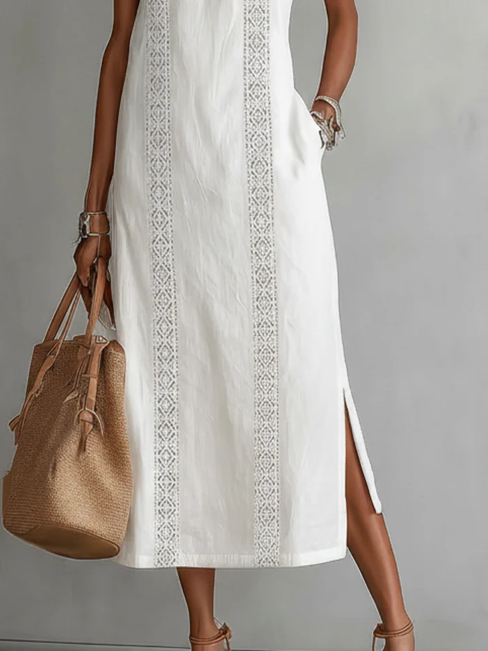 Women's Linen Mandarin Collar Midi Dress - Refined Elegance