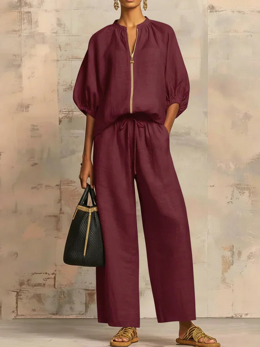 Women's Relaxed Button-Up Shirt & Wide-Leg Pants Set
