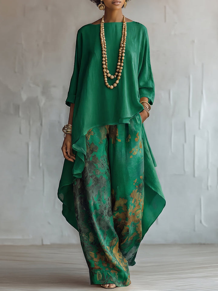 Women's Floral Print Cotton Blend Two-Piece Set - Artistic Elegance