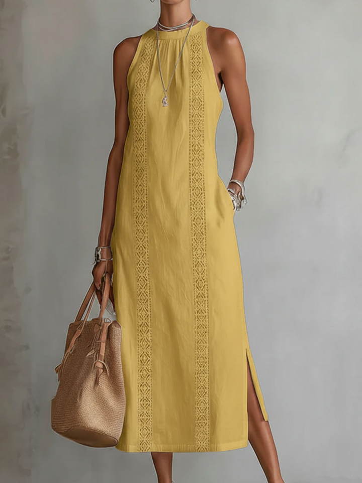 Women's Linen Mandarin Collar Midi Dress - Refined Elegance
