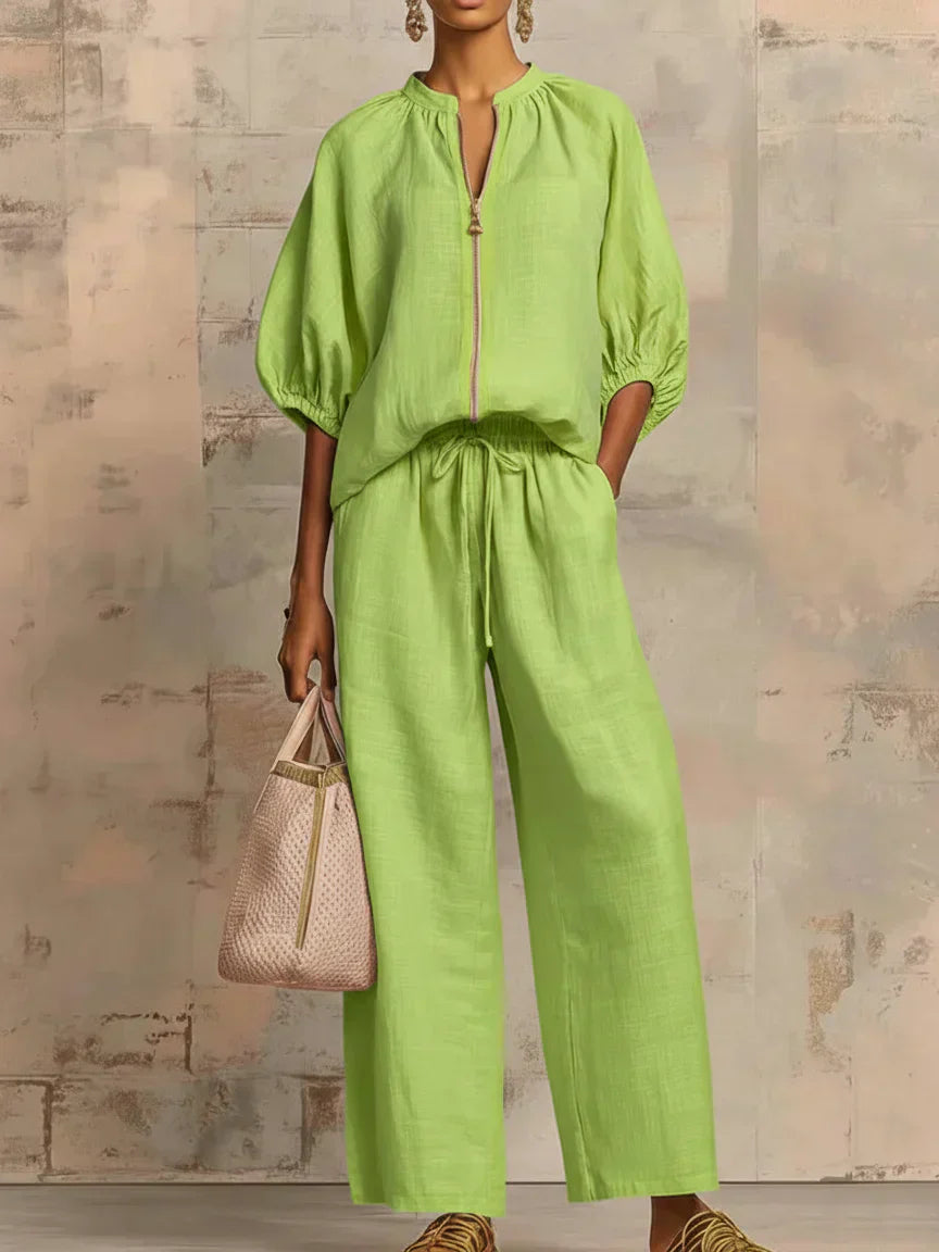 Women's Relaxed Button-Up Shirt & Wide-Leg Pants Set