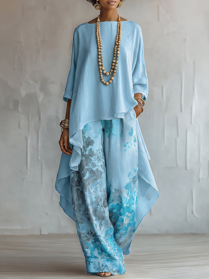 Women's Floral Print Cotton Blend Two-Piece Set - Artistic Elegance