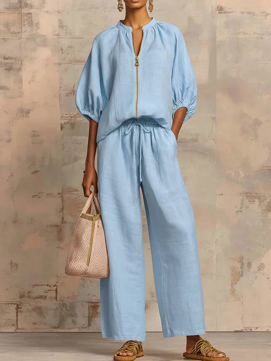 Women's Relaxed Button-Up Shirt & Wide-Leg Pants Set