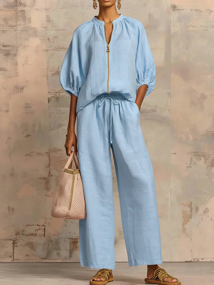 Women's Relaxed Button-Up Shirt & Wide-Leg Pants Set