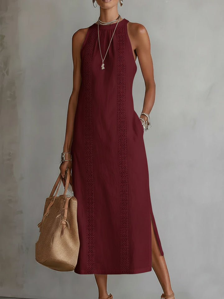 Women's Linen Mandarin Collar Midi Dress - Refined Elegance