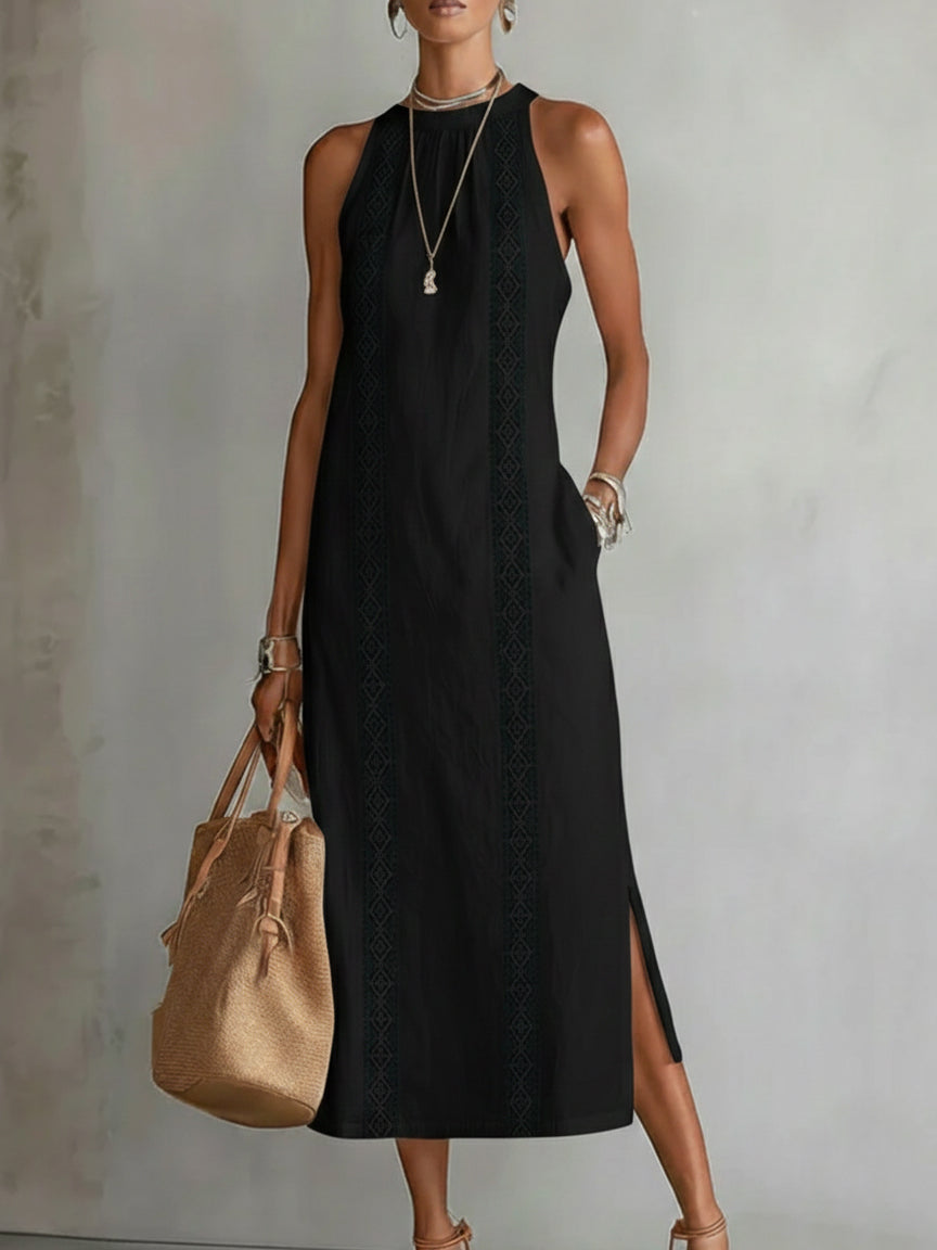 Women's Linen Mandarin Collar Midi Dress - Refined Elegance