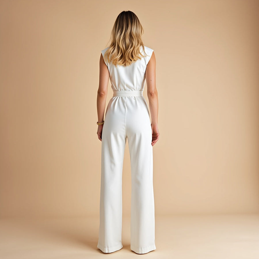 Women's Sleeveless Power Suit - Cinched Waist & Wide Leg