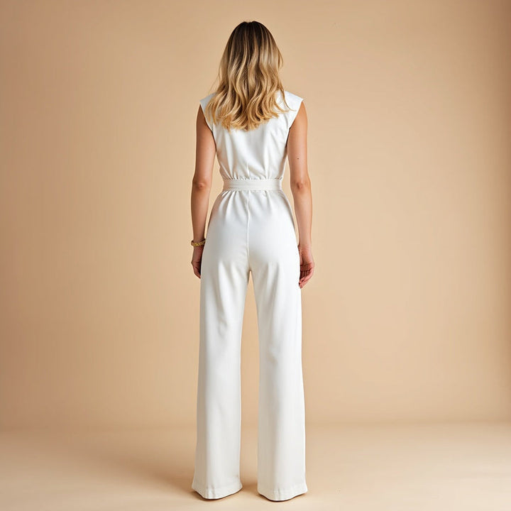Women's Sleeveless Power Suit - Cinched Waist & Wide Leg