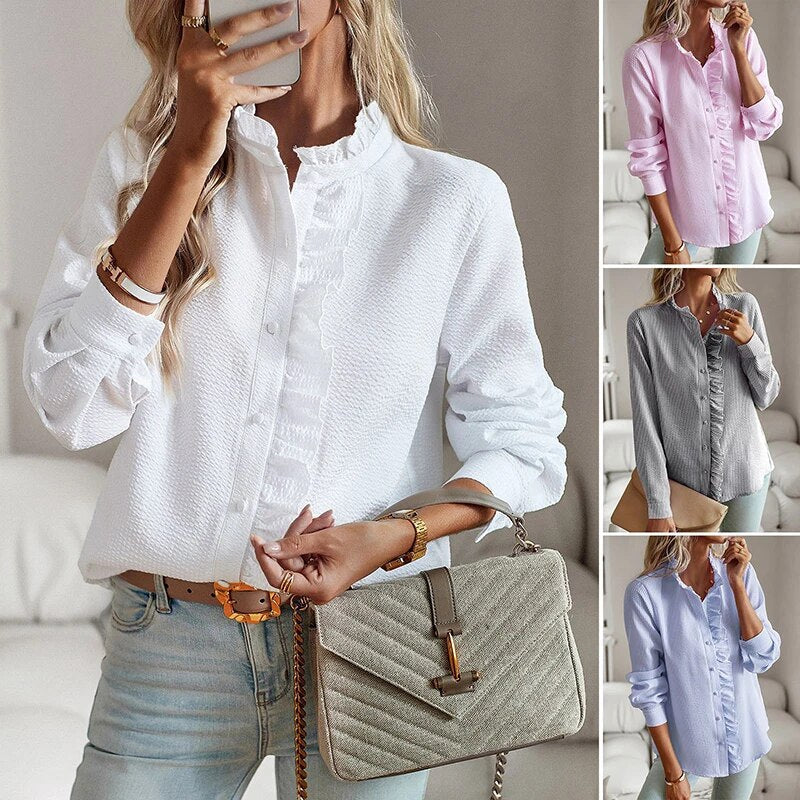 Women's Elegant Comfortable Blouse - Pleated Long-Sleeve Top