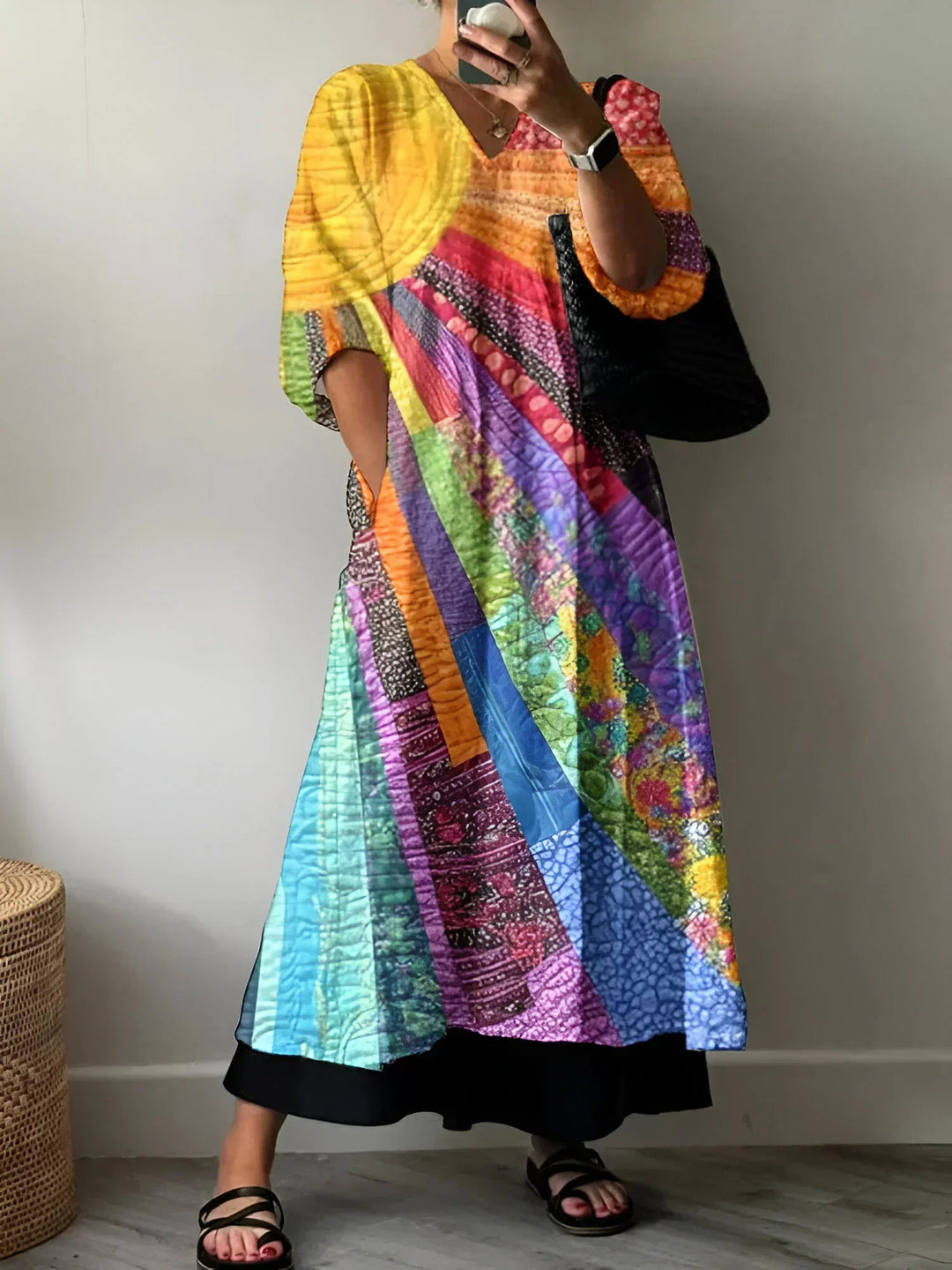 Women's Art-Inspired Cotton V-Neck Dress - Playful Breezy Style