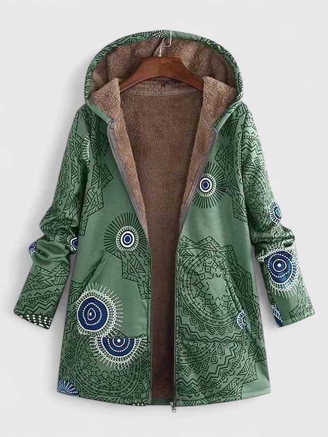 Women's Patterned Hooded Zip-Up Jacket - Cozy Everyday Warmth