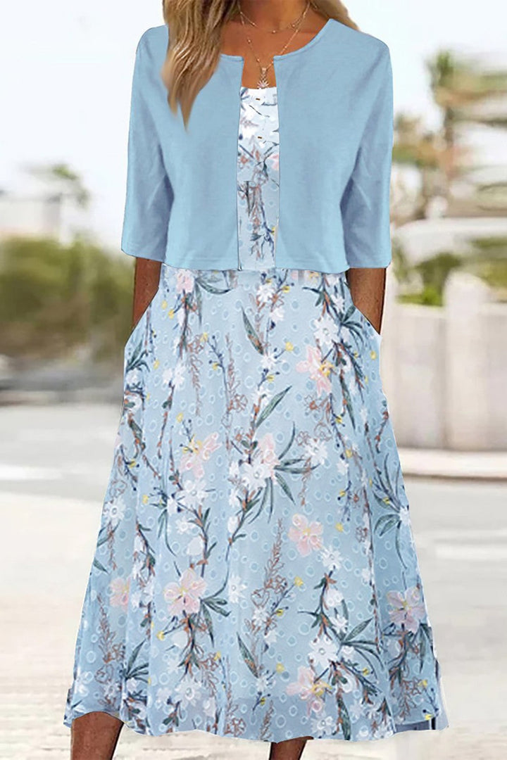 Women's Floral Two-Piece Midi Dress - Elegant & Flowing Fit