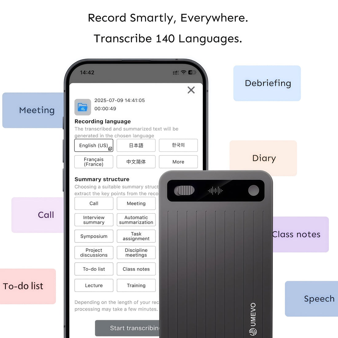 NoteTap — AI Voice Recorder Card with Transcription & Smart Summaries