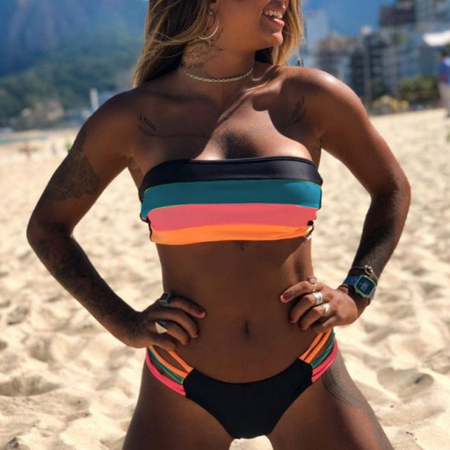 Women's Striped Bandeau Bikini - Vibrant Summer Look