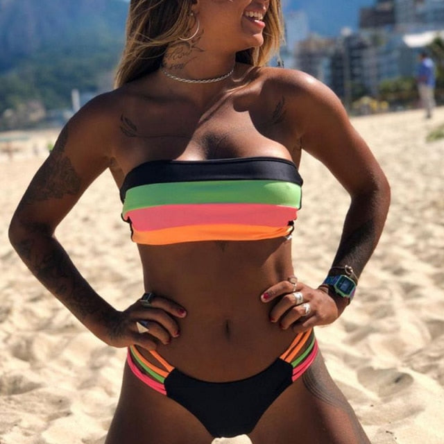 Women's Striped Bandeau Bikini - Vibrant Summer Look