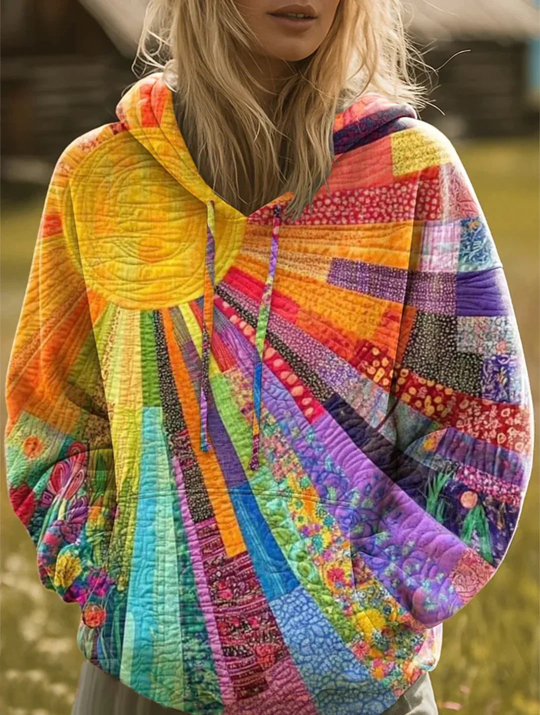 Women's Boho Multicolor Patchwork Hoodie - Everyday Comfort