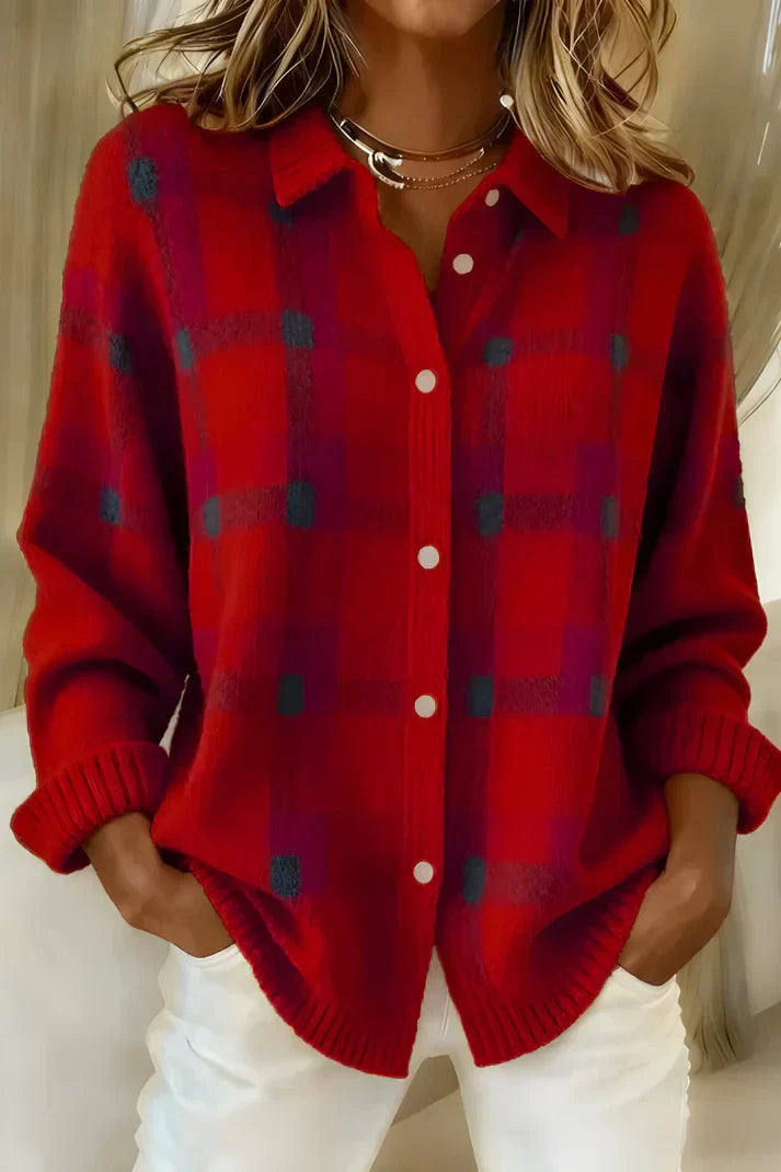Women's Soft Checked Knit Blouse - Cozy & Versatile