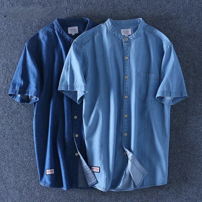 Men's Lightweight Denim Shirt – Short Sleeve Grandad Collar