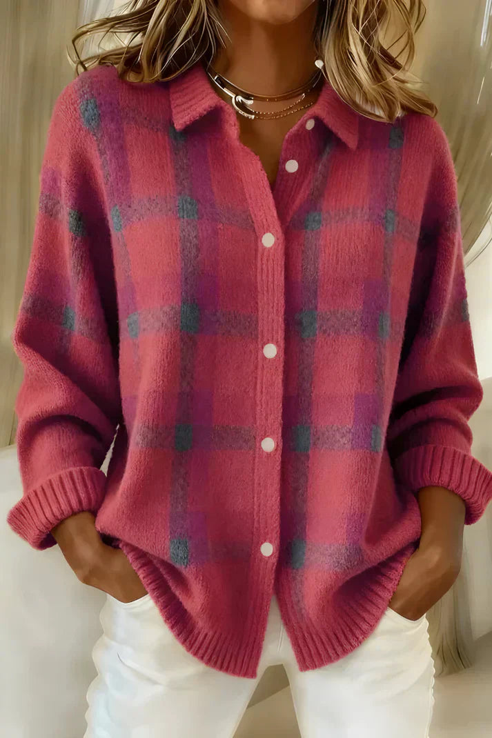Women's Soft Checked Knit Blouse - Cozy & Versatile
