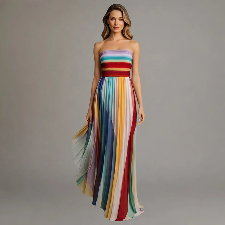 Women's Multicolor Striped Maxi Dress - Flowing Style for Summer