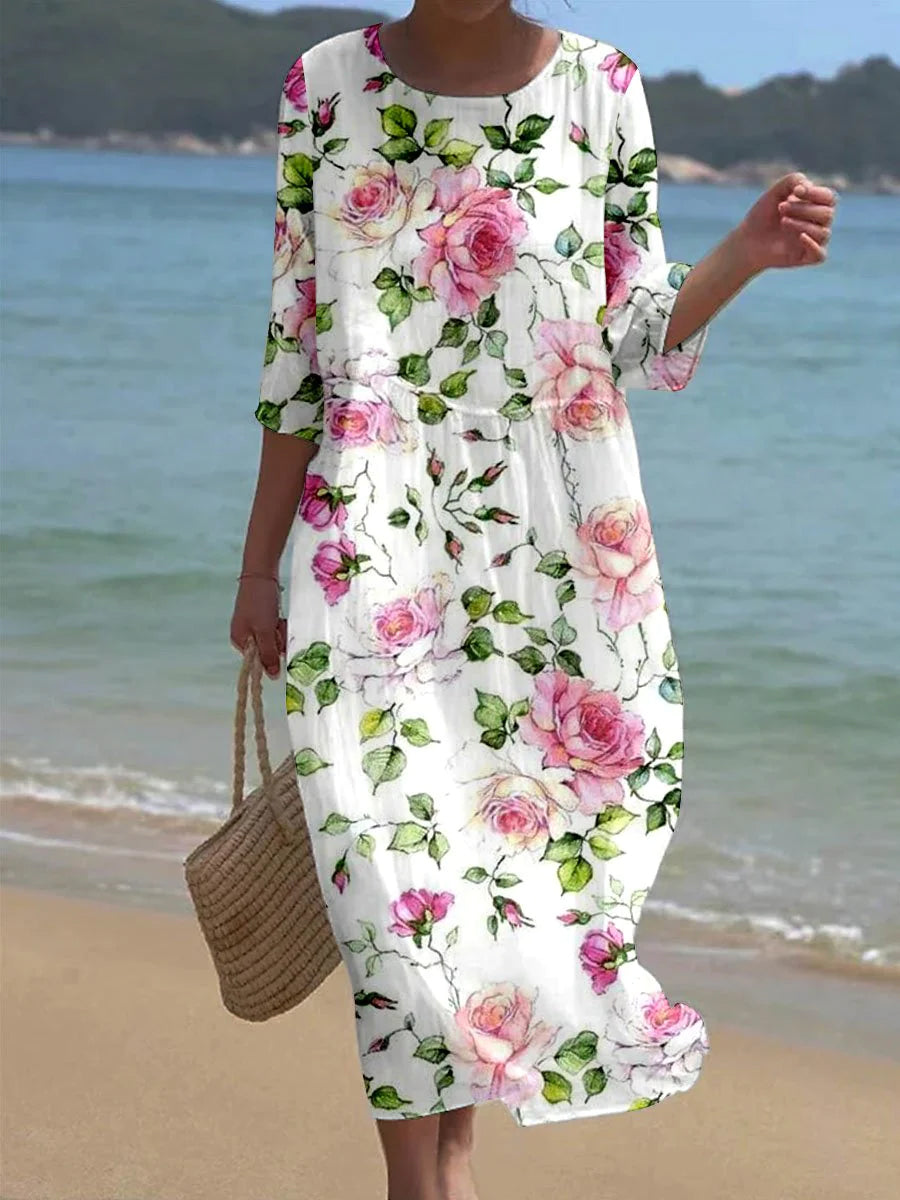 Women's Floral Midi Dress - Effortless Elegance for Brunch