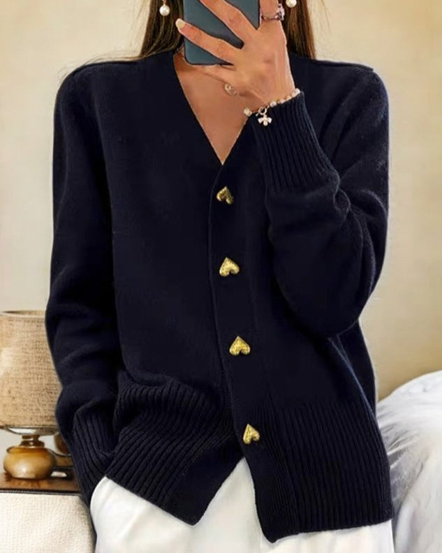Women's Heart Button V-Neck Cardigan - Charming Everyday Layer