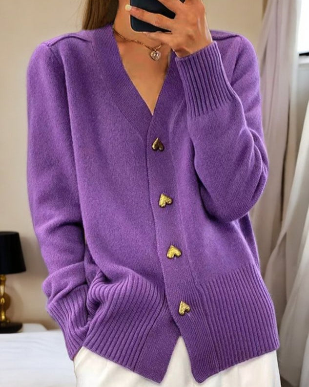 Women's Heart Button V-Neck Cardigan - Charming Everyday Layer