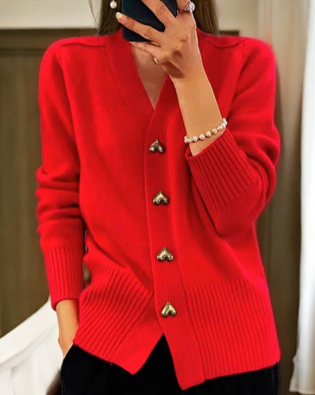 Women's Heart Button V-Neck Cardigan - Charming Everyday Layer