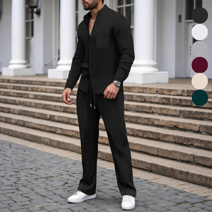 Men's Waffle Knit Shirt & Trousers Set – Relaxed Two-Piece