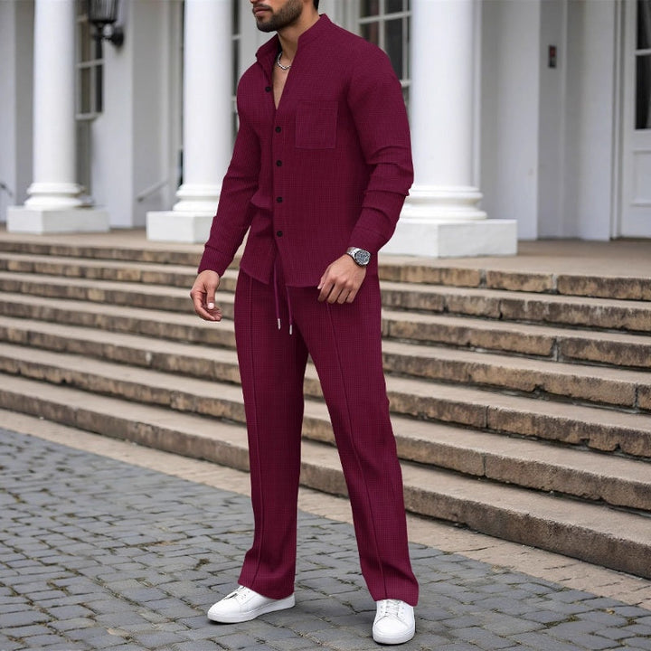 Men's Waffle Knit Shirt & Trousers Set – Relaxed Two-Piece