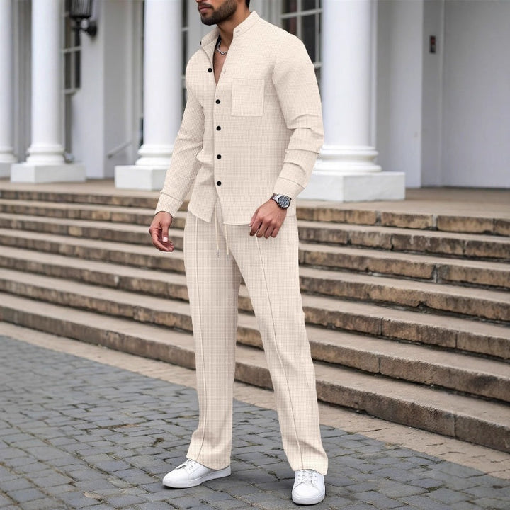 Men's Waffle Knit Shirt & Trousers Set – Relaxed Two-Piece