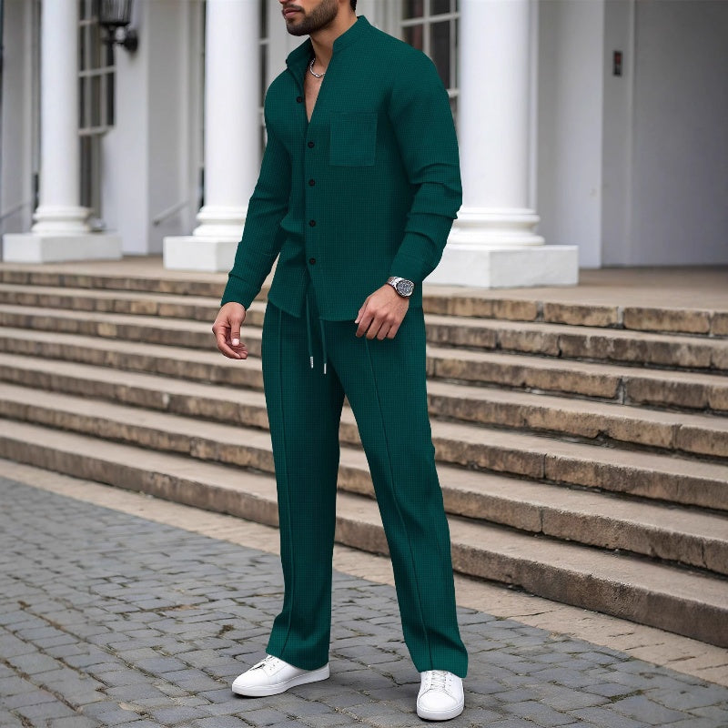 Men's Waffle Knit Shirt & Trousers Set – Relaxed Two-Piece