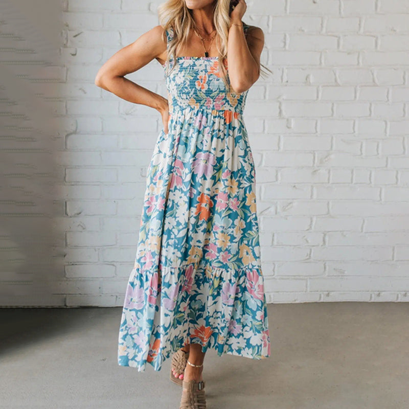Women's Floral Ruffled Bodice Maxi Dress - Breezy Garden Party Style