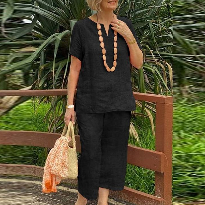 Women's Cotton-Linen 2-Piece Set - V-Neck Top & Pants