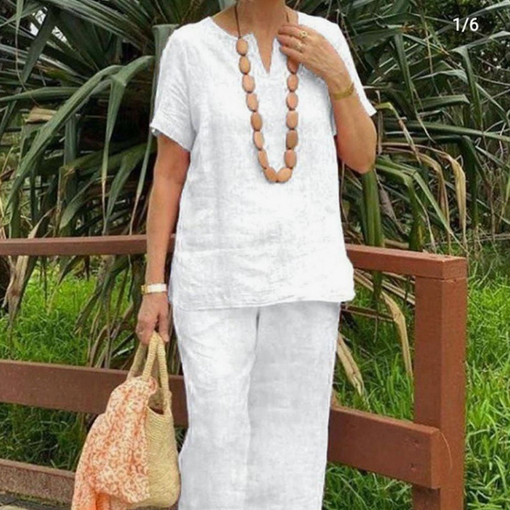 Women's Cotton-Linen Two-Piece Set - V-Neck Top & Pants