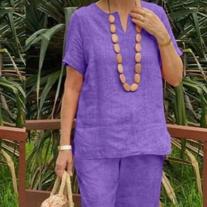 Women's Cotton-Linen Two-Piece Set - V-Neck Top & Pants
