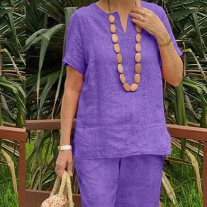 Women's Cotton-Linen 2-Piece Set - V-Neck Top & Pants