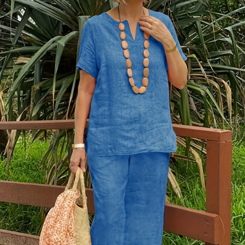 Women's Cotton-Linen 2-Piece Set - V-Neck Top & Pants