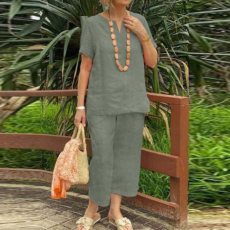 Women's Cotton-Linen V-Neck Top & Pants Set - Casual Comfort