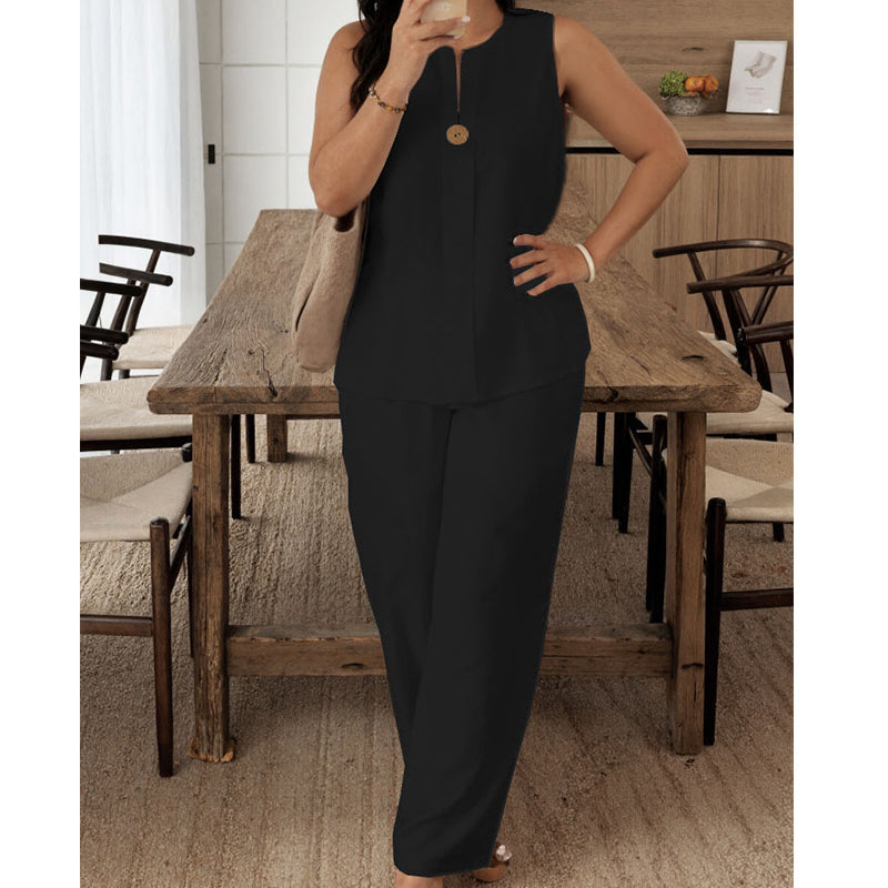 Women's Sleeveless V-Neck Top & Wide-Leg Pant Set - Effortlessly