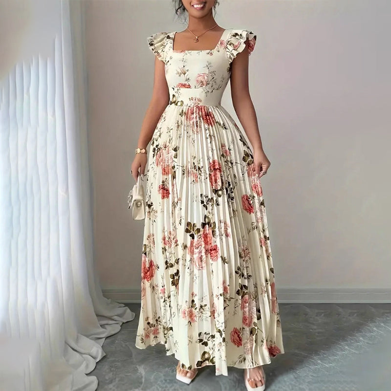 Women's Vintage Floral Pleated Maxi Dress – Summer Occasions