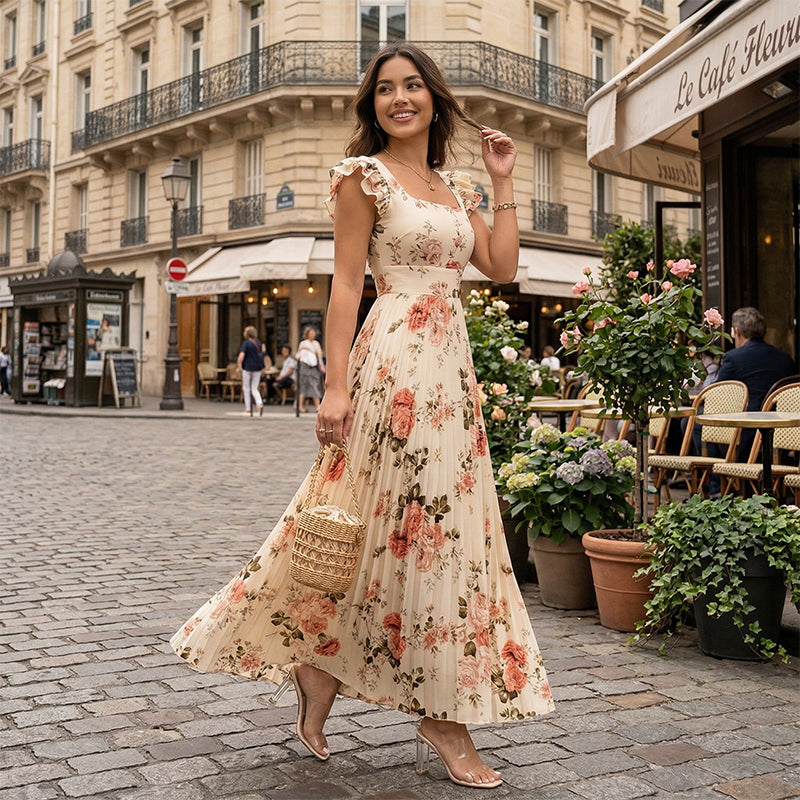 Women's Vintage Floral Pleated Maxi Dress – Summer Occasions