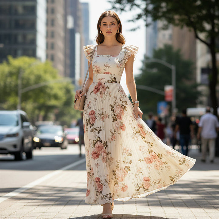 Women's Vintage Floral Pleated Maxi Dress – Summer Occasions