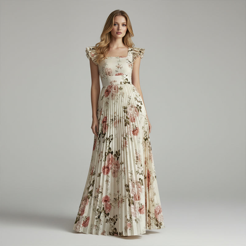 Women's Vintage Floral Pleated Maxi Dress – Summer Occasions