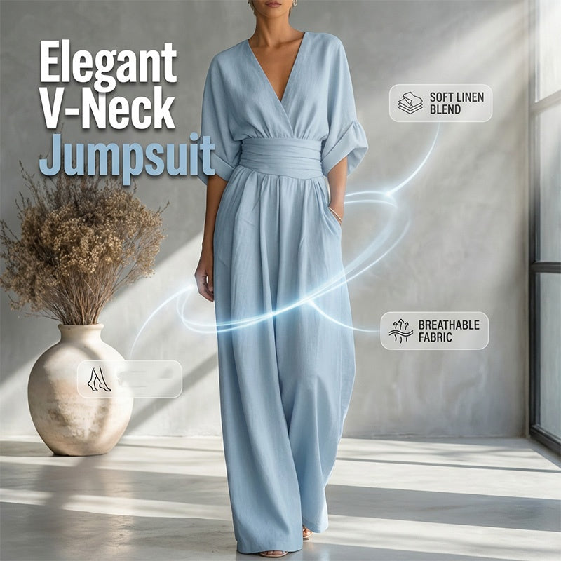 Women's V-Neck High-Waist Wide-Leg Jumpsuit