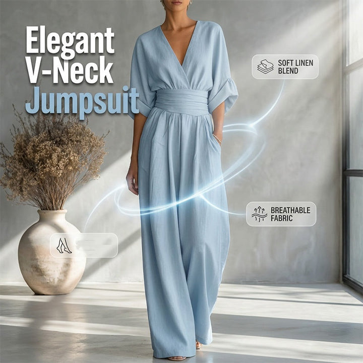 Women's V-Neck High-Waist Wide-Leg Jumpsuit
