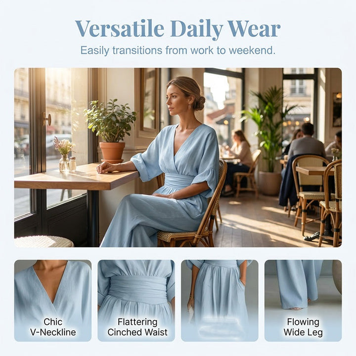 Women's V-Neck High-Waist Wide-Leg Jumpsuit