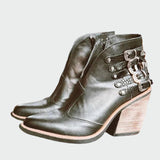 Women's Retro Leather Ankle Boots - Edgy Croco and Wood Heel