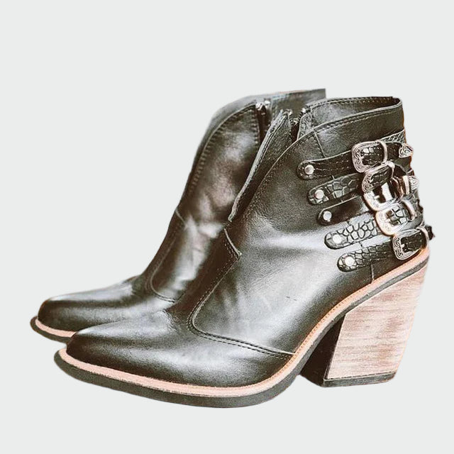 Women's Retro Leather Ankle Boots - Edgy Croco and Wood Heel